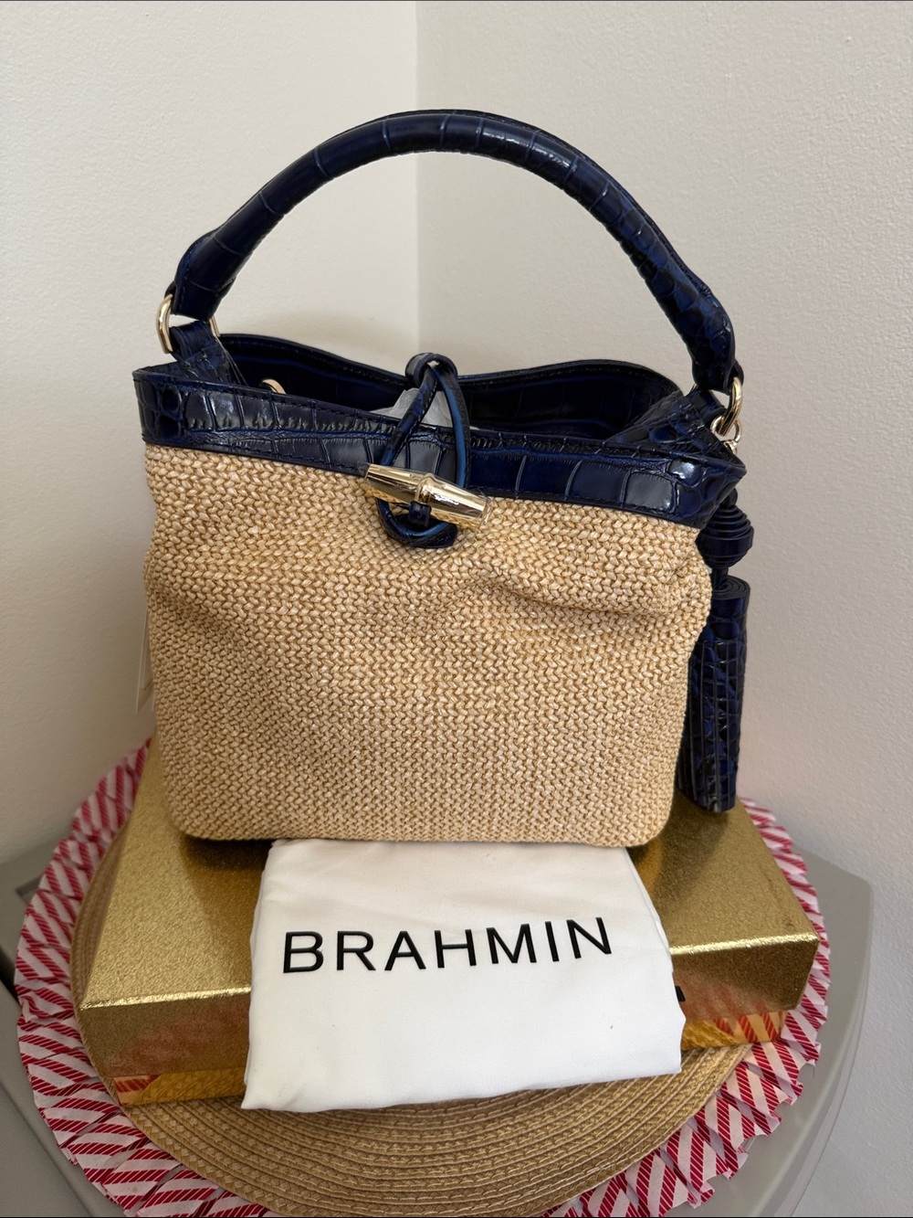 Brahmin Navy Croc-Trim Raffia Satchel